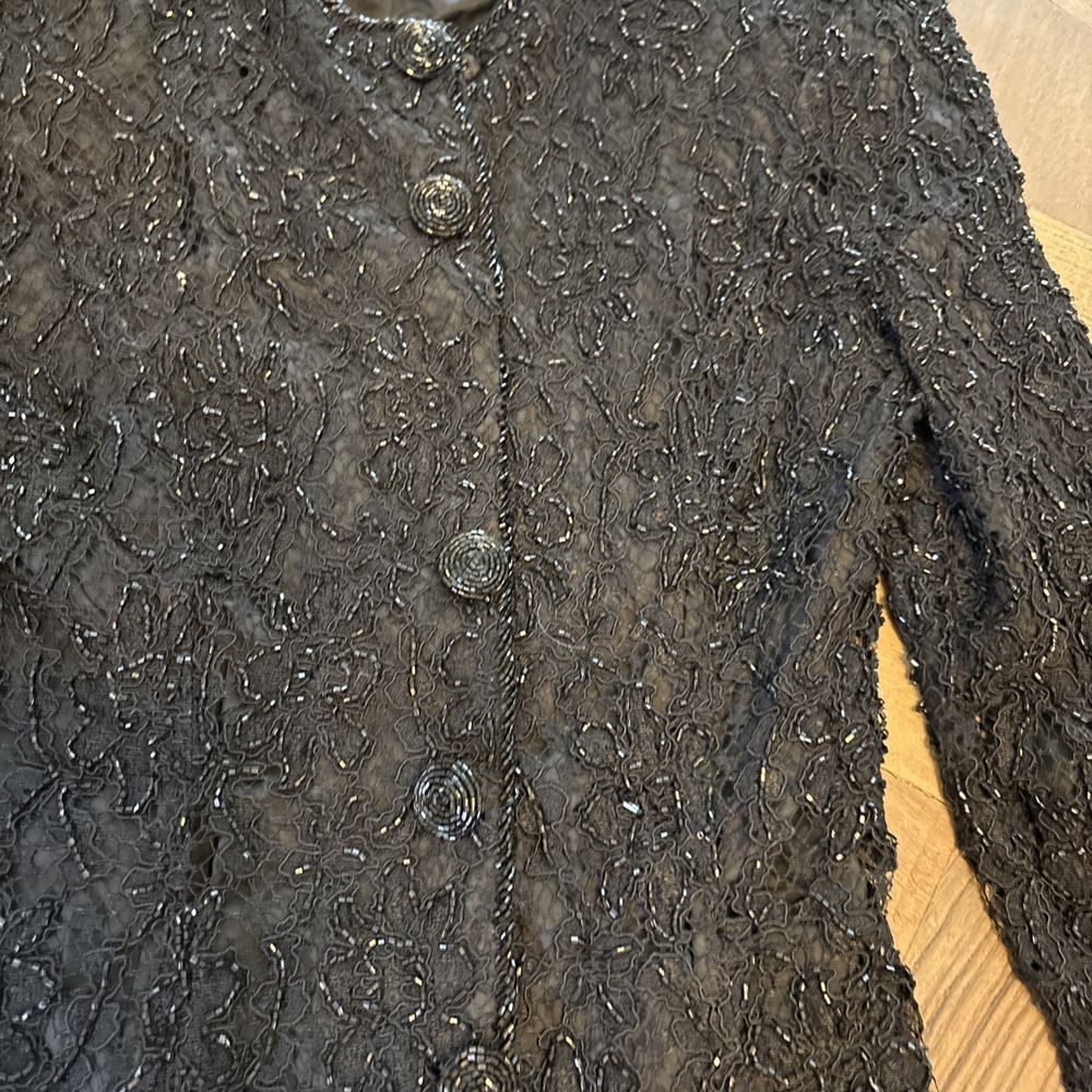 Carmen Marc Valvo  Black Lace Beaded Jacket Size 6 Vintage Lined Formal - Picture 2 of 8